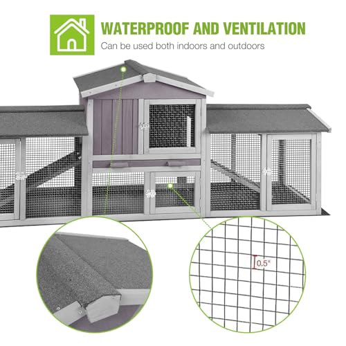 Rabbit Hutch Outdoor Large Chicken Coop with Cleaning Tray and Waterproof Roof Wooden Bunny Hutch PVC Floor Bottom for Small and Medium Bunny Rabbit Chick 87.8" L (Gray / 87.8"L x 20.5"W x 33.7"H)