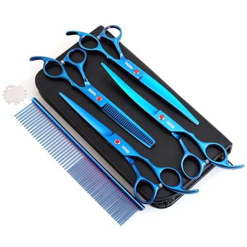 7.0in Titanium Dog Grooming Scissors Set (Blue 6 in 1 7inch)