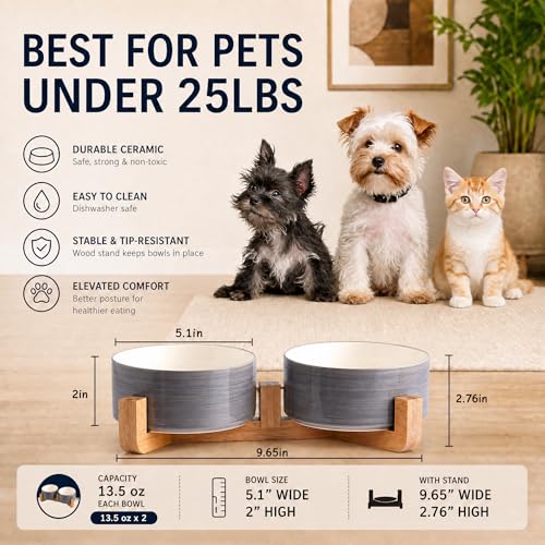 Ceramic Cat Dog Bowl Set with Wood Stand (Grey White / 400ML*2)