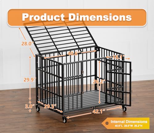 42 Inch Heavy Duty Dog Crate with Wheels (42.1"L x 29.5"W x 29.9"H)