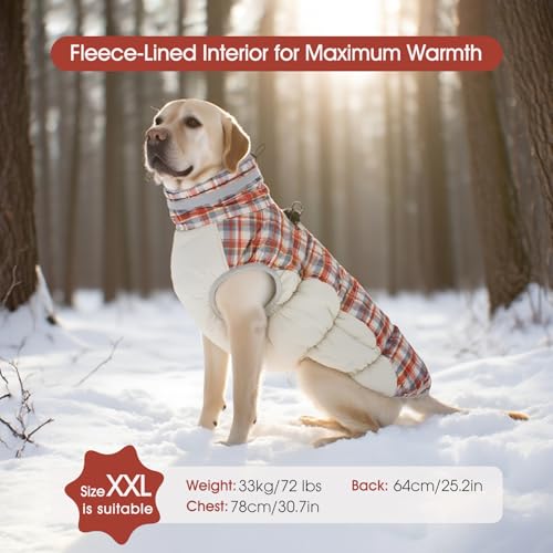 Dog Jacket for Large Dogs Warm Dog Jackets with Harness Built in (Red Plaid / XL(chest:30in）)