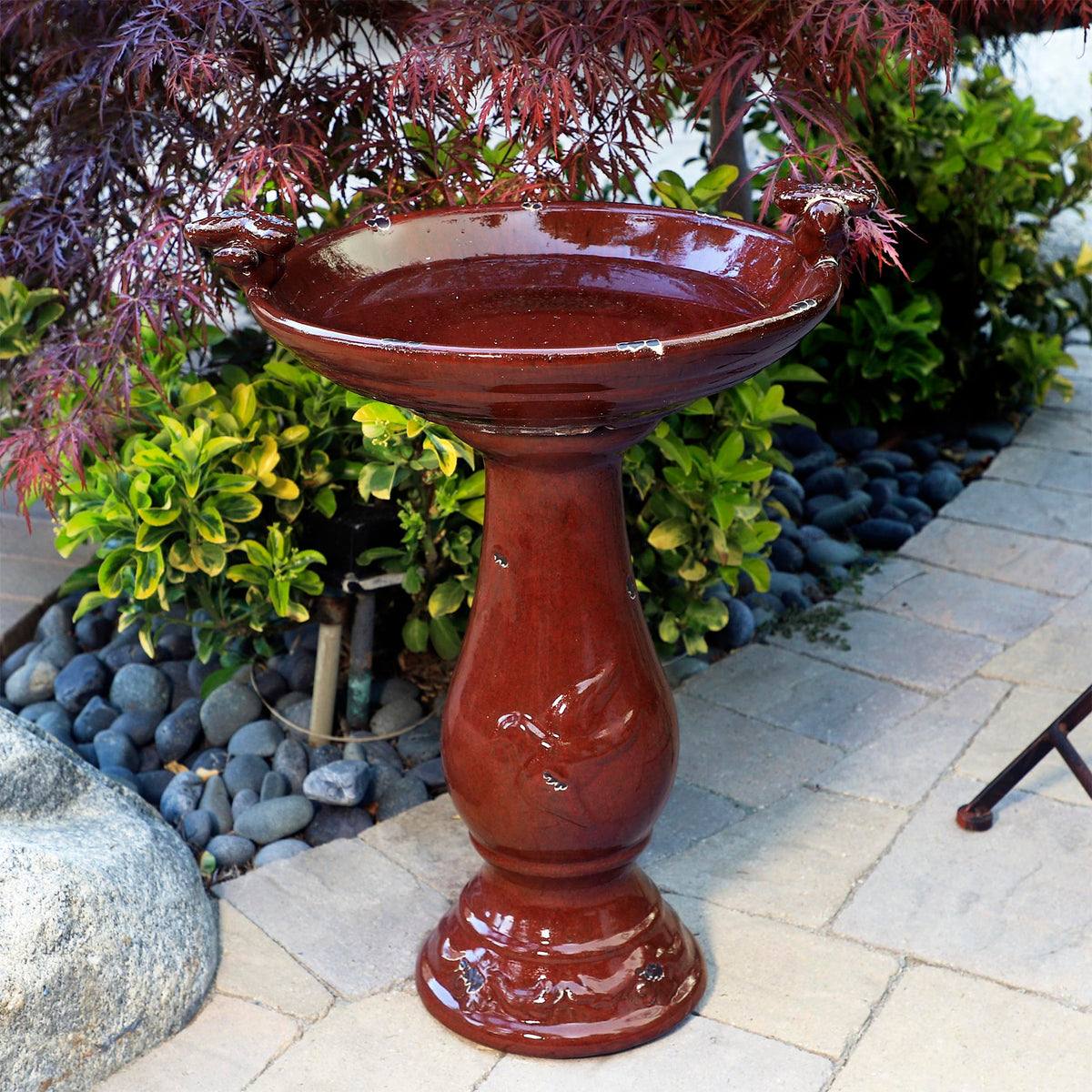 25" Tall Outdoor Antique Ceramic Birdbath with 2 Bird Figurines (Red)