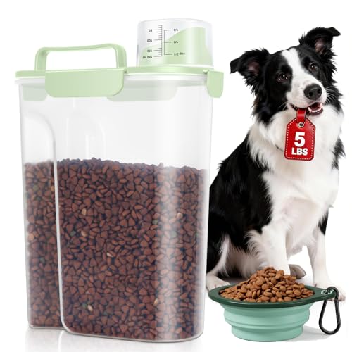Travel Dog Food Storage Container 5 lbs with Dog Bowl (Green 6Qt)