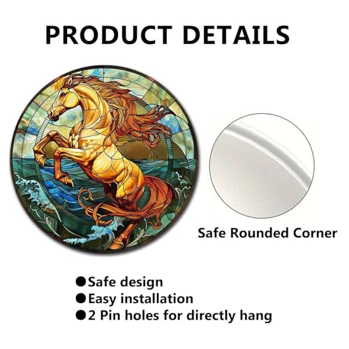 Metal Sign Tin Sign Circular Stained Glass Horse Boho Office Decor For Yard 8×8 Inches (8×8 Inches / Horse-2)