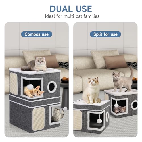 2 Story Cat House beds for Indoor Cats with Scratch Pads Grey (Grey / Double)