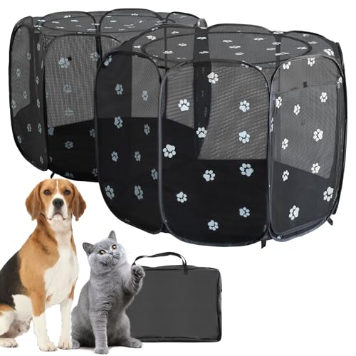 2-in-1 Pop Up Dog Playpen Cat Pet Puppy Playpen, Non-Detachable (Black Mesh / 83.5"L x 41.4"W x 32.3"H)