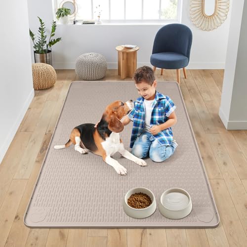 Dog Food Mat 50''x35'' Extra Large Dog Mat for Food and Water (50"L x 35"W / Khaki)