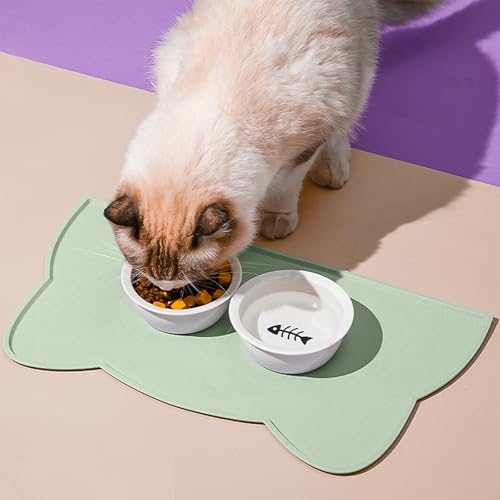 Cat Food Mat Silicone Non Slip Dog Bowl Mat Waterproof Cat Feeding Mat Stop Food Spills and Water Messes Out to Floor Pet Food Mat (Eucalyptus Green / 24'' x 14'')