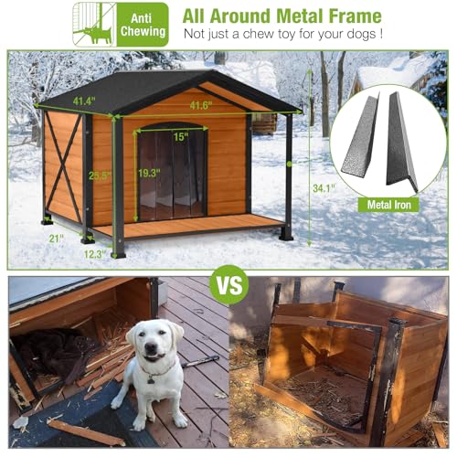 Large Insulated Dog House Outdoor Weatherproof with Iron Frame (41.6"L Insulated Brown)