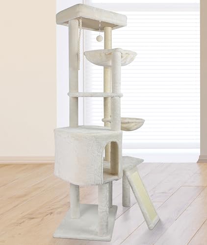 Wang Xin Four Layer Big Cat Tree with Huge Cat Condo and Two Hammocks Scratch Pad (Large / Beige)