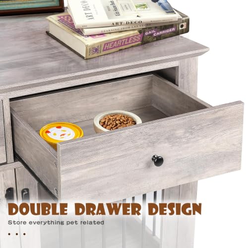 44 inch Wooden Dog Crate with 2 Storage Drawers (Grey / 44.5"L x 23.6"W x 34.5"H)