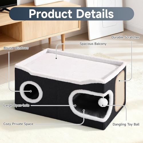 Extra Large Cat House Bed for Multi Cats with Scratch Pad Black (Black / Extra Large)