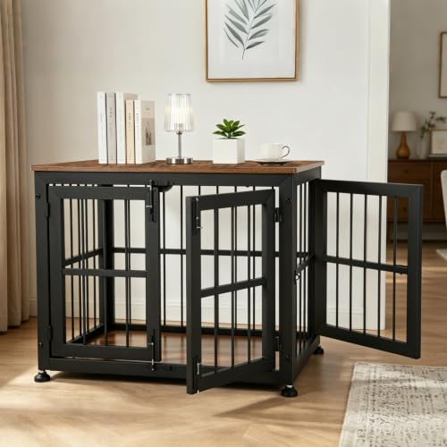 32 Inch Heavy Duty Dog Crate Furniture for Medium and Small Dogs (Black + Rustic Brown / 32.7"L x 23.2"W x 26.6"H)