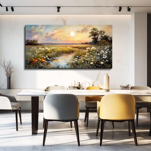 Canvas Wall Art For Living Room Wall Decor For Bedroom Office Decorations Vintage Farmhouse Wildflower Wall Paintings Nature Landscape Picture Artwork Aesthetic Home Decor Ready To Hang (40"L x 20"W / Rural Scenery)