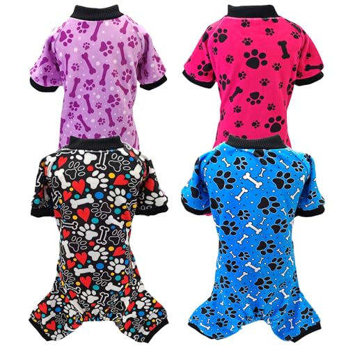 4 Pack Paw Print Fleece Dog Pajamas Warm for Small Dogs (Small)