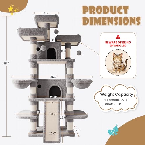 81 Inches Extra Large Cat Tree for Indoor Adult Cats (81in / Grey)