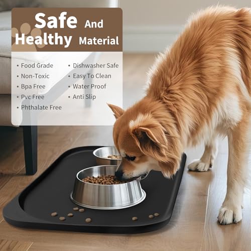Silicone Pet Food Mat with Raised Edge for Food and Water Bowl (19 x 12 x 0.7 inch / Black)