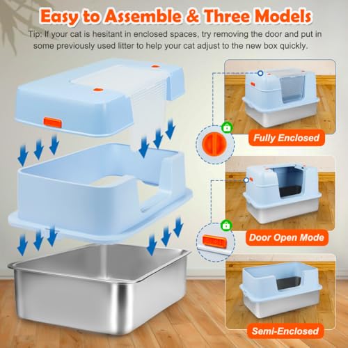 Stainless Steel Litter Box with Lid (Blue(With Mat&Step))