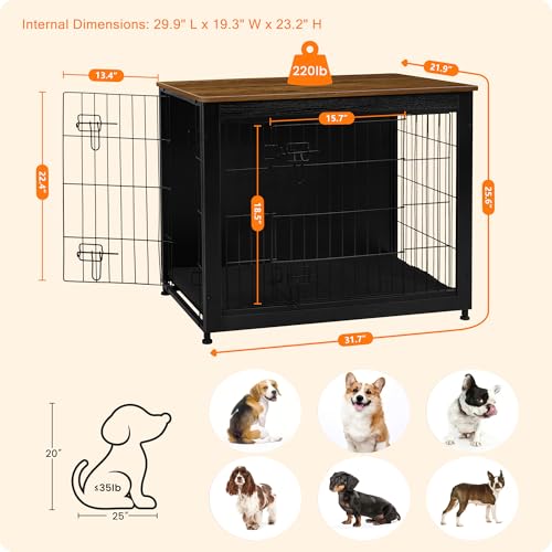 32.5" Dog Crate Furniture with Cushion (Black+Warm Brown / 32.5"L x 21.9"W x 25.6"H)