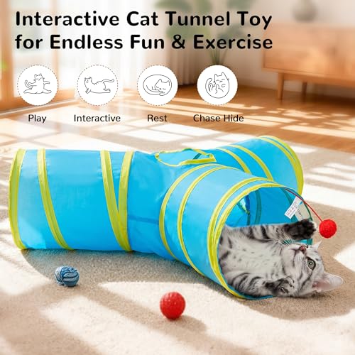 Cat Tunnel, 3-Way Collapsible Toy for Indoor Cats, Blue & Yellow (Blue & Yellow / Small)