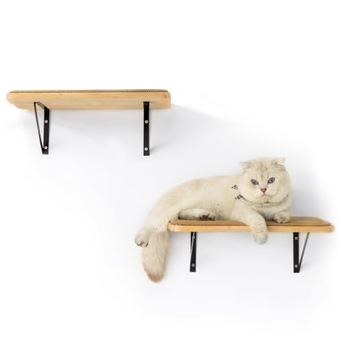 2Pack Wooden Cat Wall Shelves with Sisal Mat (Brownish white / 2 Pack 1 Steps)