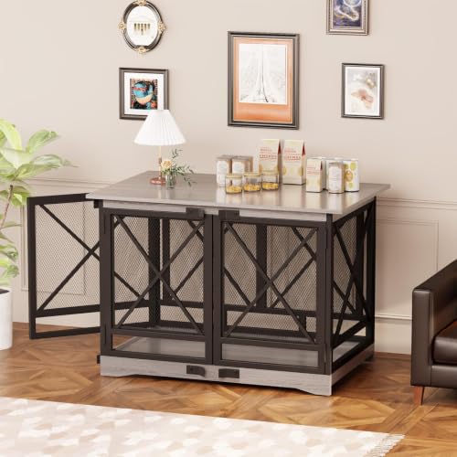 48" Dog Crate with Wheels (Gray-3 / 46.5"L x 29.1"W x 32.7"H)