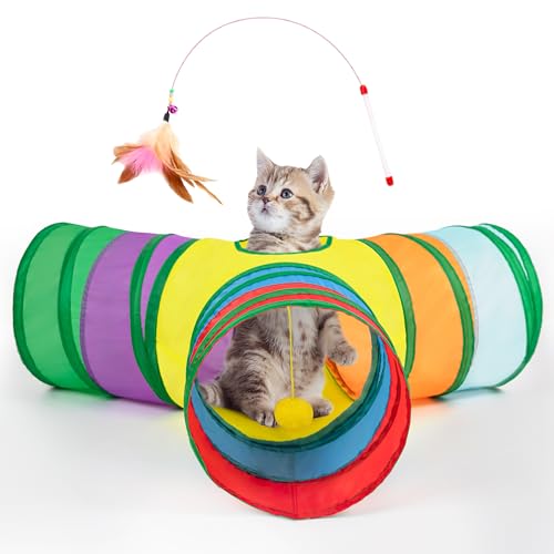 Cat Tunnel, 3-Way Collapsible Toy for Indoor Cats, Rainbow (Rainbow / Small)