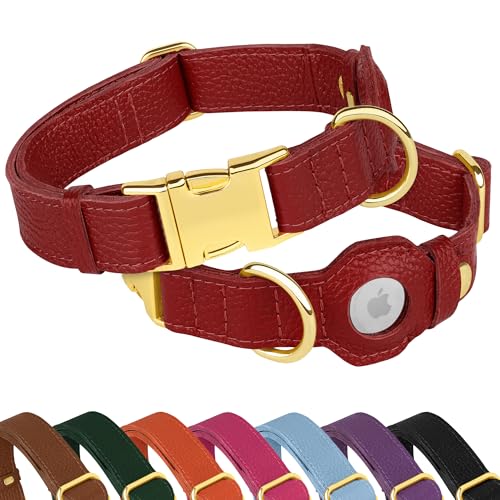 Leather Airtag Dog Collar (Red / XL, 20"-25" Neck Fit)