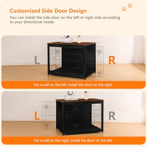 38.5" XL Dog Crate Furniture with Cushion (Black+Rustic Brown / 38.5"L x 25.6"W x 26.8"H)