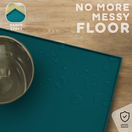 Dog Food Mat 28x18 Raised Edges Dogs Mat for Food and Water Prevent Spill (28" x 18" / Lake Blue)