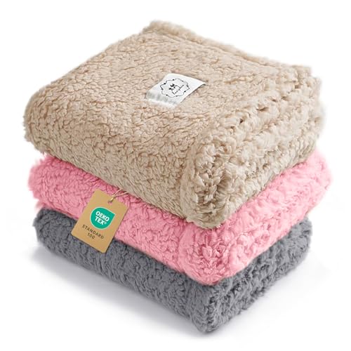 3 Pack Soft Sherpa Fleece Blankets for Dogs Cats Puppies (Small (Pack of 3) / Beige/Pink/Grey)