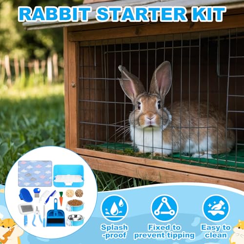 15 Pcs Rabbit Starter Kit Small Rabbit Litter Box Girls Gift Animal Grooming Kit Bunny Toys Bowl Blankets with Cleaning Set for Guinea Pig Accessories (Light Blue)