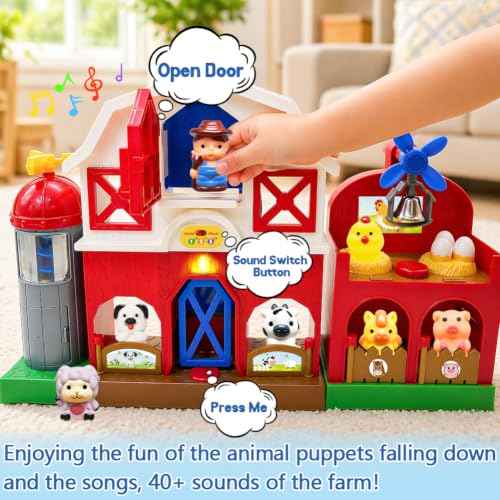Musical Farm Animals Barn Toy with Finger Puppets for Toddlers 1 (Barn Animals Playset)