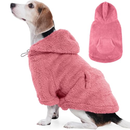 Fuzzy Dog Sweater with Adjustable Hood & Harness Hole (Large / Pink)