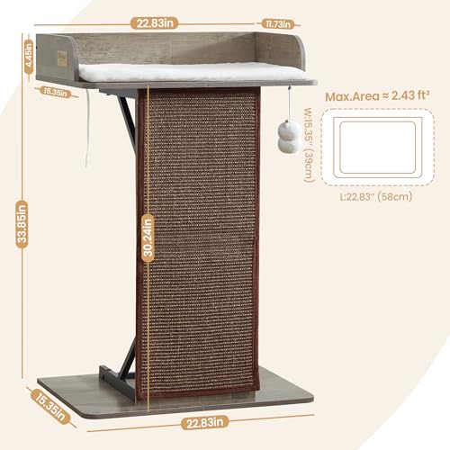 Modern Wood Cat Tree Tower for Indoor Large Adult Cats with Big Perch Bed (Greige1 / 33.8 Inches)