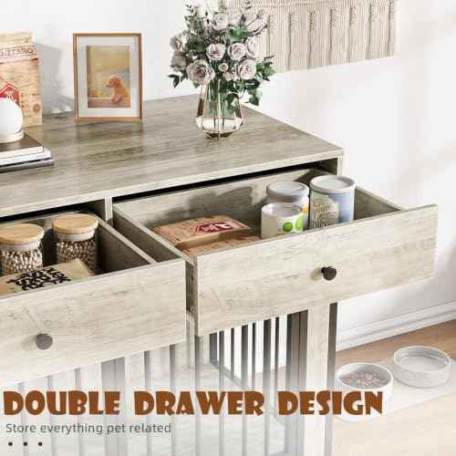 44 Inch Large Dog Crate Furniture with 2 Storage Drawers (New Grey / 44.5"L x 23.6"W x 34.5"H)