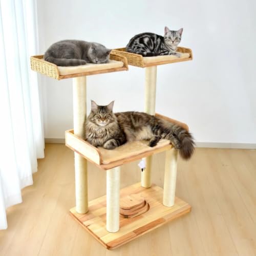 Modern Natural Real Wood Large Cat Tree with Extra Large Platform Perch for Indoor Cats Maine Coon (F)