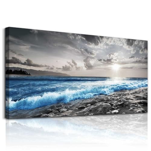 Wall Decor For Living Room Framed Canvas Wall Art For Office Bedroom Decorations Blue Ocean Wall Painting Black and White Beach Pictures Artwork Modern Mural Home Walls Decor (40"L x 20"W / Blue Sea Wave Pictures)