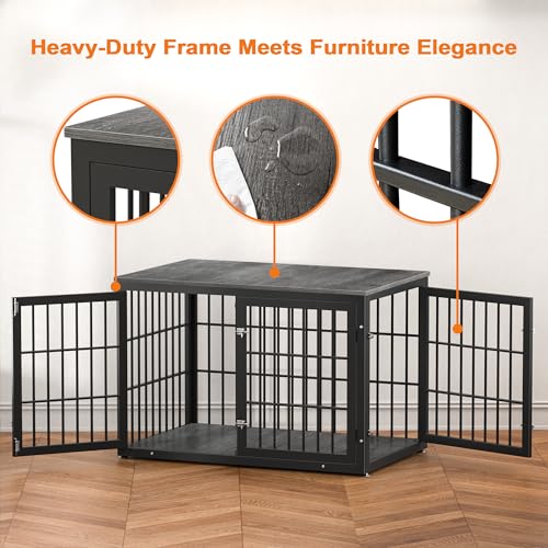 46" Heavy Duty Dog Crate Furniture for Large Dogs (Black + Gray / 46.0"L x 29.1"W x 31.1"H)