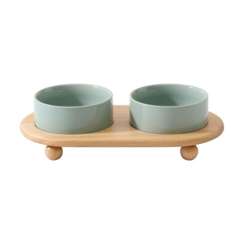 Raised Cat Bowl 5.1” Elevated Ceramic Cat Food and Water Bowl Set (Light Green)