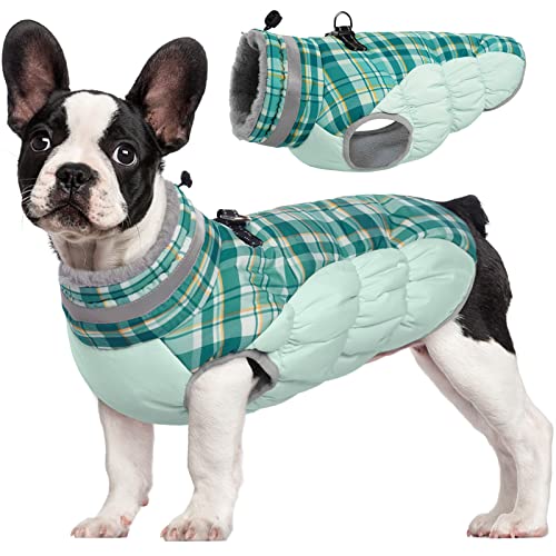 Dog Jacket for Small Dogs Warm Dog Jackets with Harness Built in (Green Plaid / S(chest:17in))