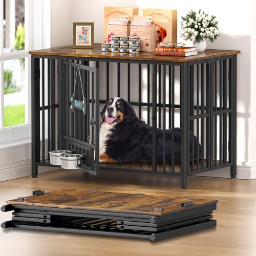 Foldable Dog Crate Furniture for Large Dogs 35 (Rustic Brown / 41.3"L x 25.6"W x 28.6"H)
