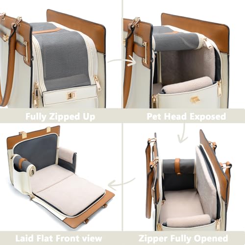 2-in-1 Stylish Dog Purse Carrier Soft-Sided Carriers Travel Tote Bag for Small Dogs Cats, Fashion Foldable Pet Bag for Puppies Small Animals with Pockets (Beige+Brown, 15" L x 7.5" W x 12.2" H) (Beige+Brown / 15" L x 7.5" W x 12.2" H)