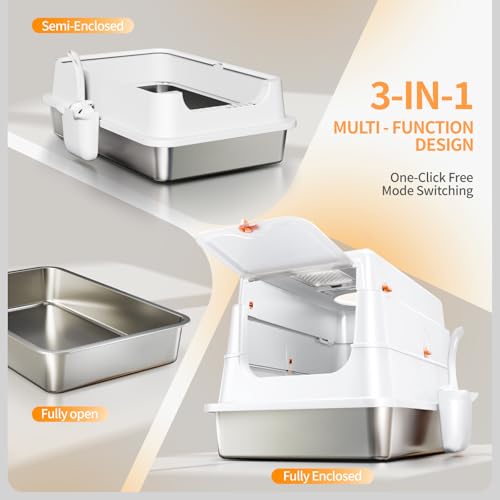 Stainless Steel Cat Litter Box with Lid (White)