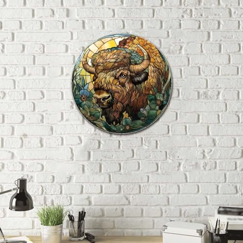 Aluminum Circular Metal Sign American Bison 12x12 Inches Rustic Modern Style for Office (12×12 Inches / American Bison-1)