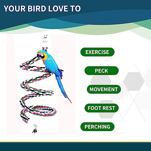 94.4inch Length Colorful Cotton Bendable Rope Perch Swing Bird Chew Toys Amazon Parrots Cage Toys with Bell Swing Climbing Standing Bungee Bird Toys for Regular to Big Size Birds (94.4'x1pc)