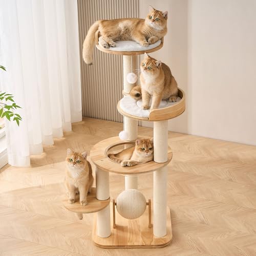 Modern Solid Wood Cat Tree Tower (49 Inch-Scratch Ball)