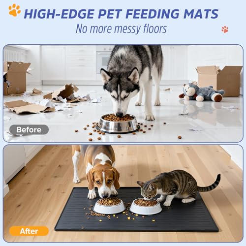 Large Dog Mats for Food and Water (Black / 40"L x 30"W)