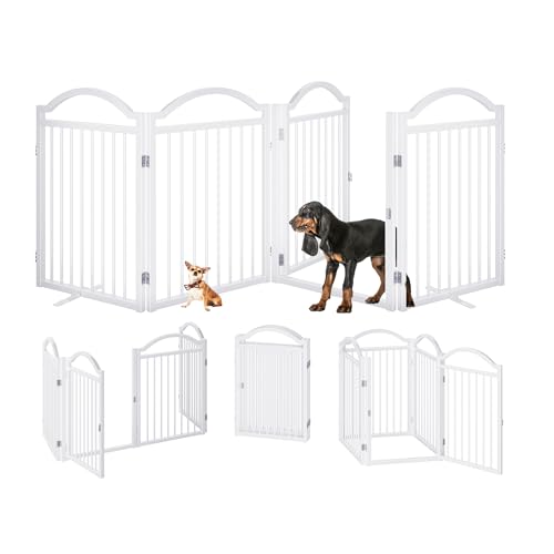 Metal No Assembly Freestanding Dog Gate with Door Walk Through (White C / 4 panels 96"W*32"H HYG)