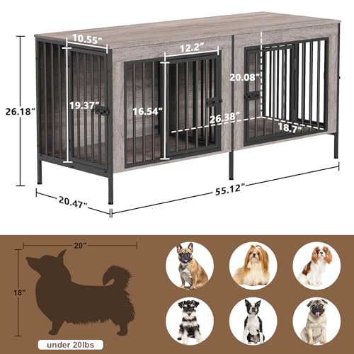 55.12" Dog Crate Furniture for 1 or 2 Dogs (Oak Grey / 55.12"L x 20.47"W x 26.18"H)